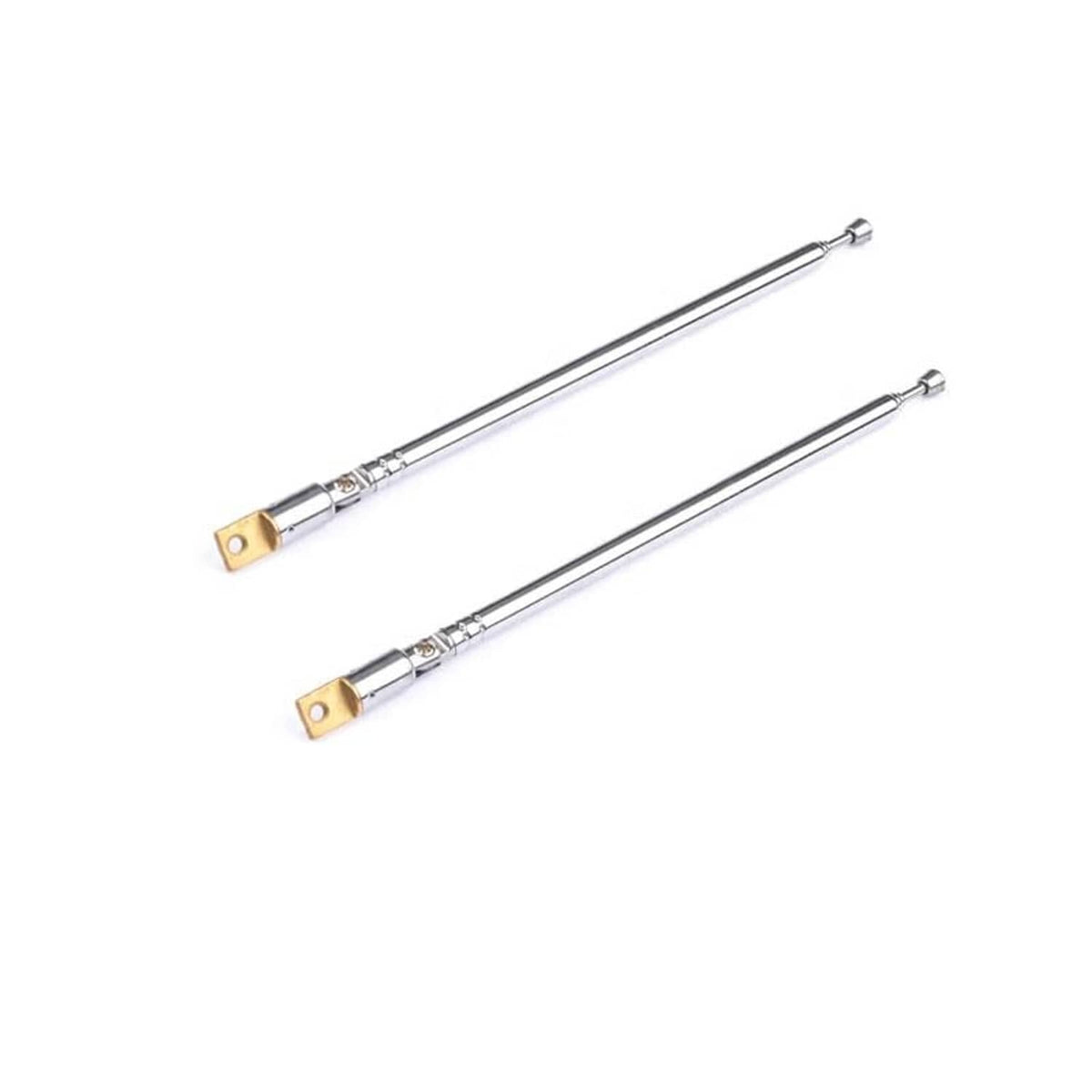Two silver telescopic radio antennas with gold mounting base plates