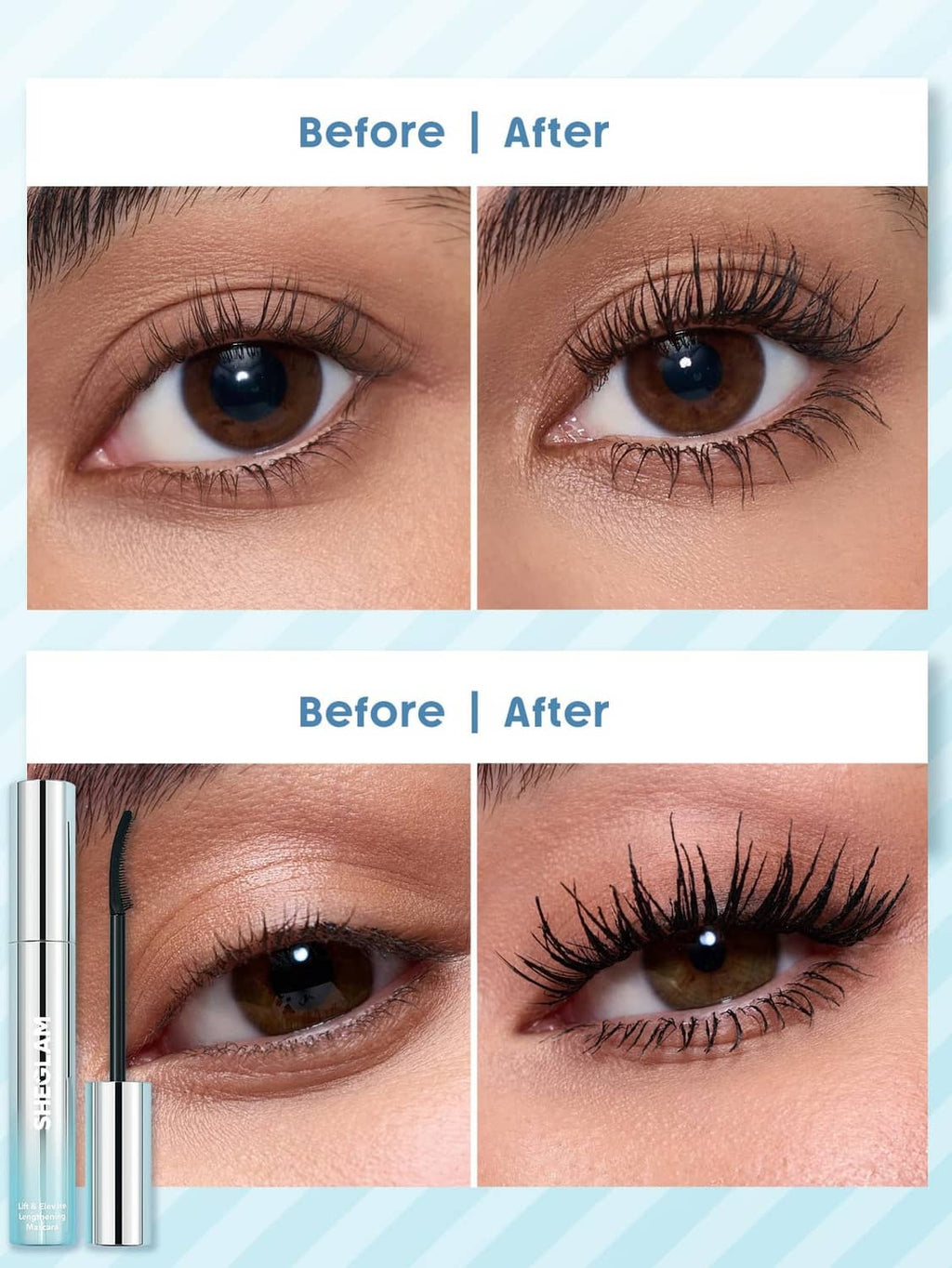 Mascara wand and tube beside curled, dark lashes