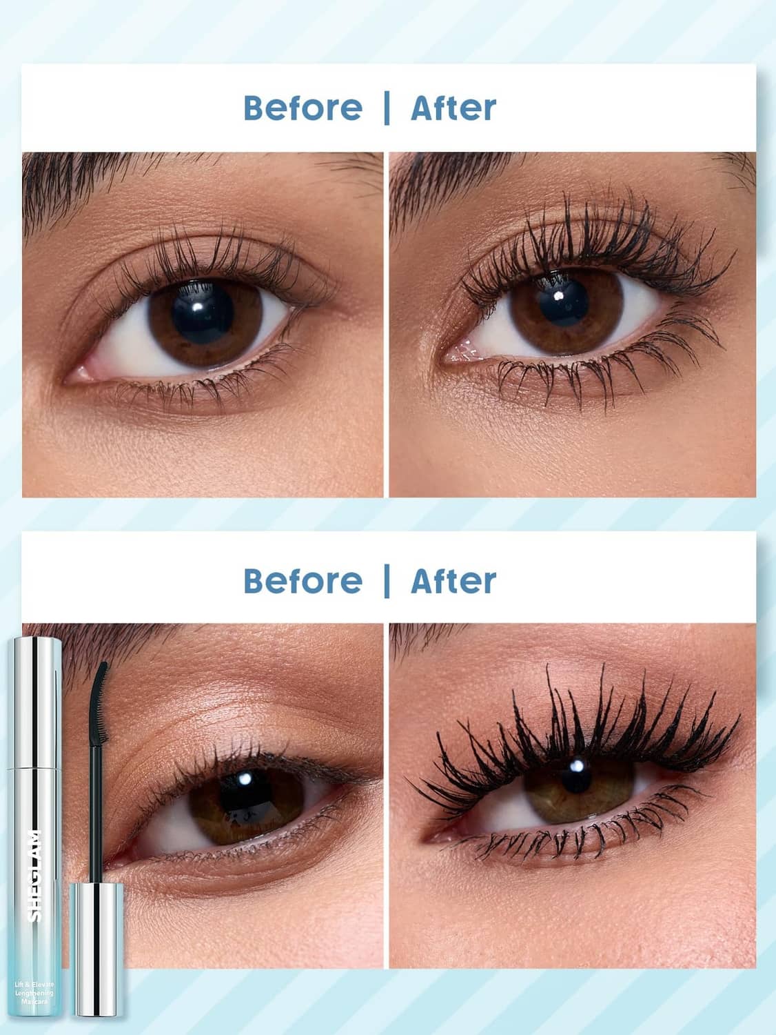 Mascara wand and tube beside curled, dark lashes