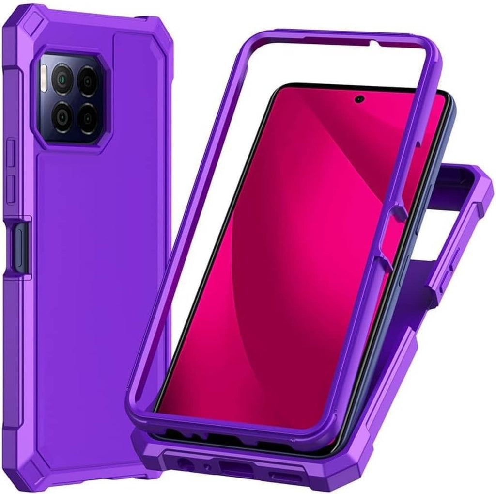 Purple rugged phone case with screen protector and accessible side ports
