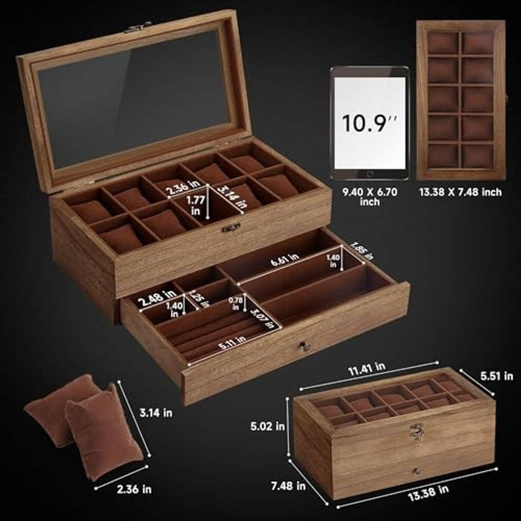 Walnut hinged watch storage box with 10-slot layout and stacked compartments for accessories