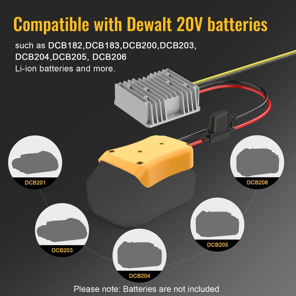Step-down converter for 20V batteries with gray finned heat sink and yellow housing.