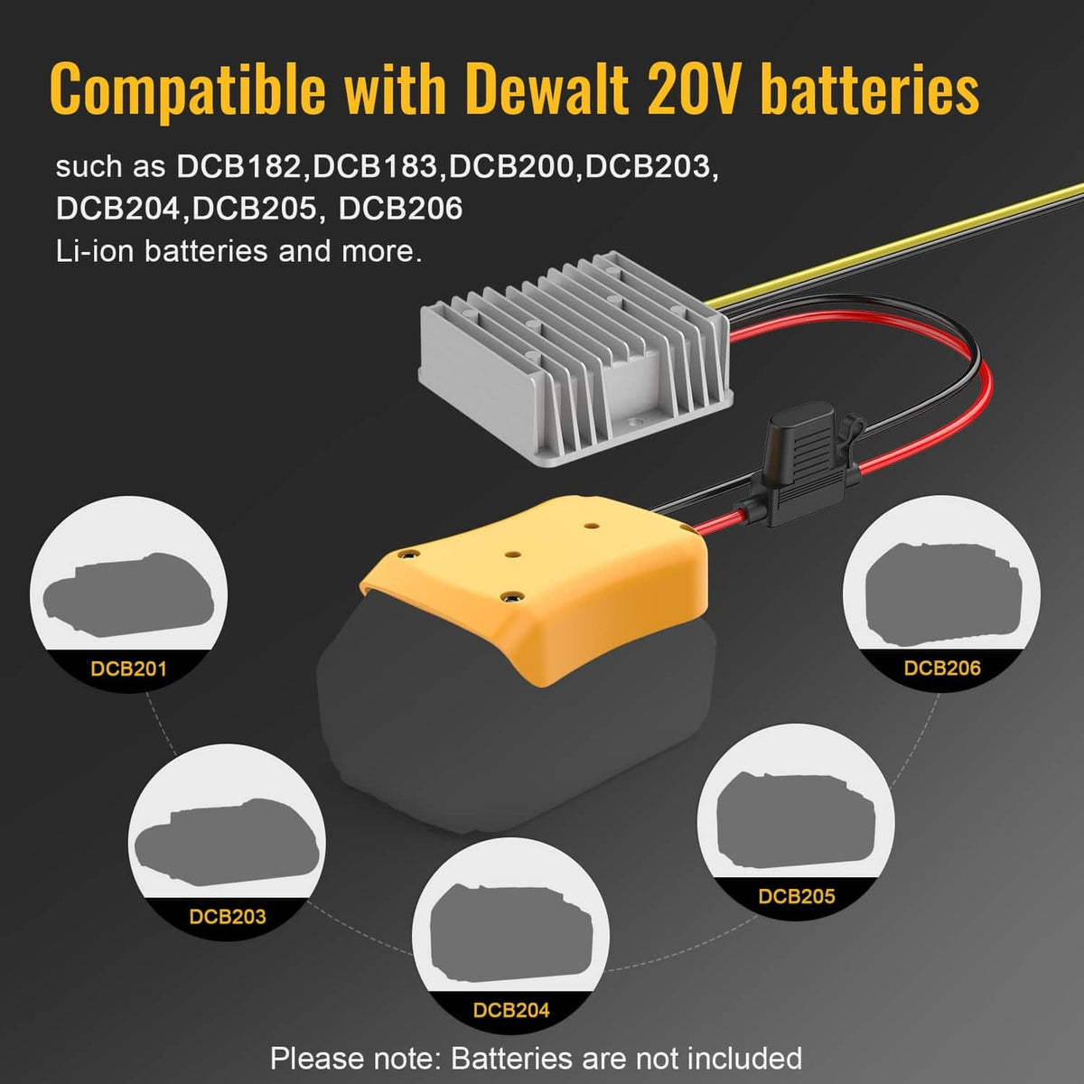 Step-down converter for 20V batteries with gray finned heat sink and yellow housing.