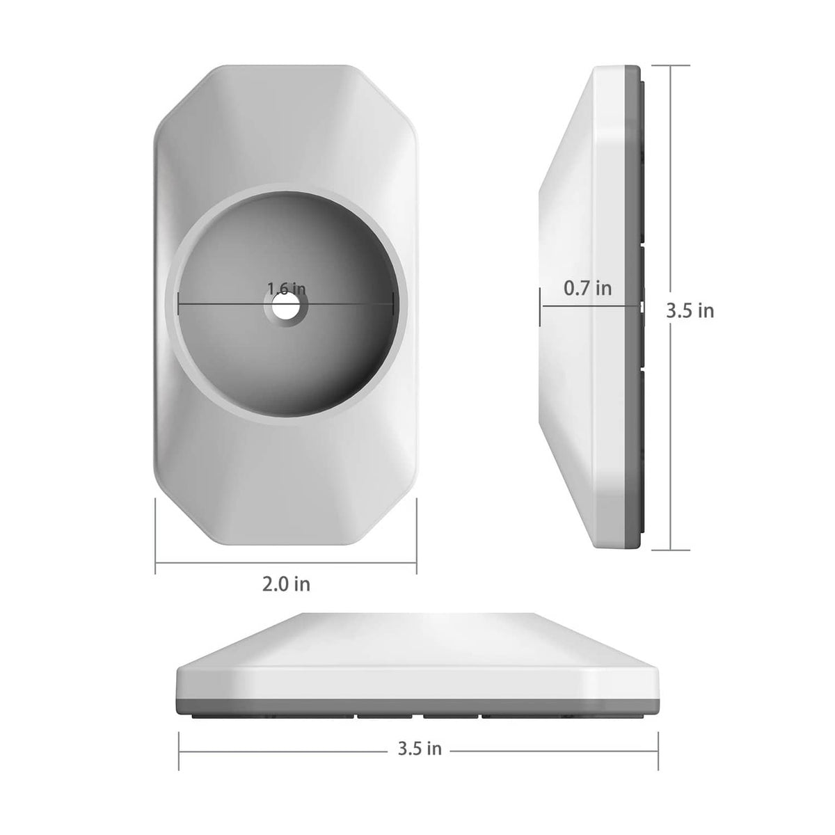 Baby gate wall protector dimensions view: white base with black mounting pad, side thickness