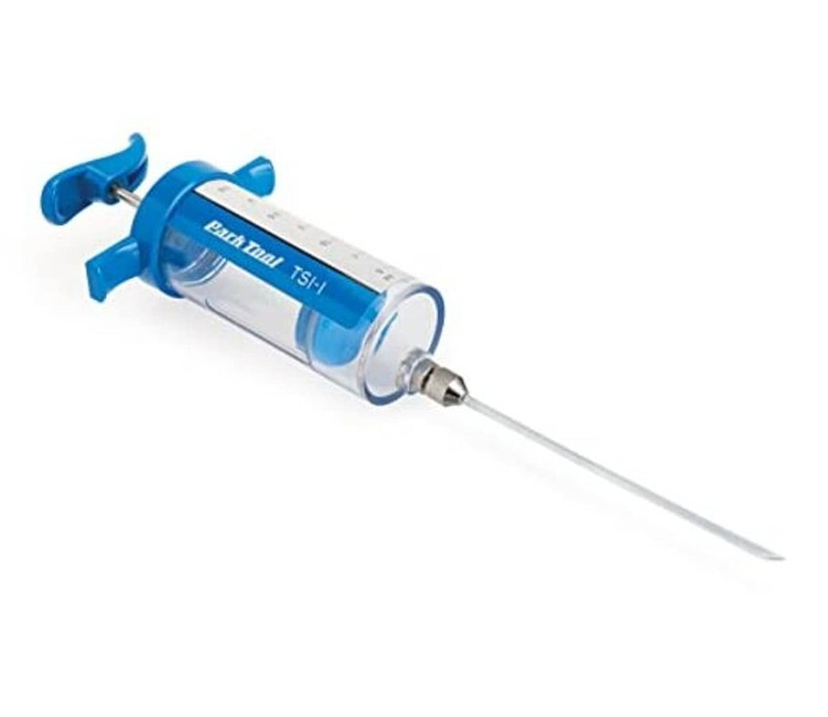 Blue tubeless sealant injector tool with long nozzle and metal outlet tip