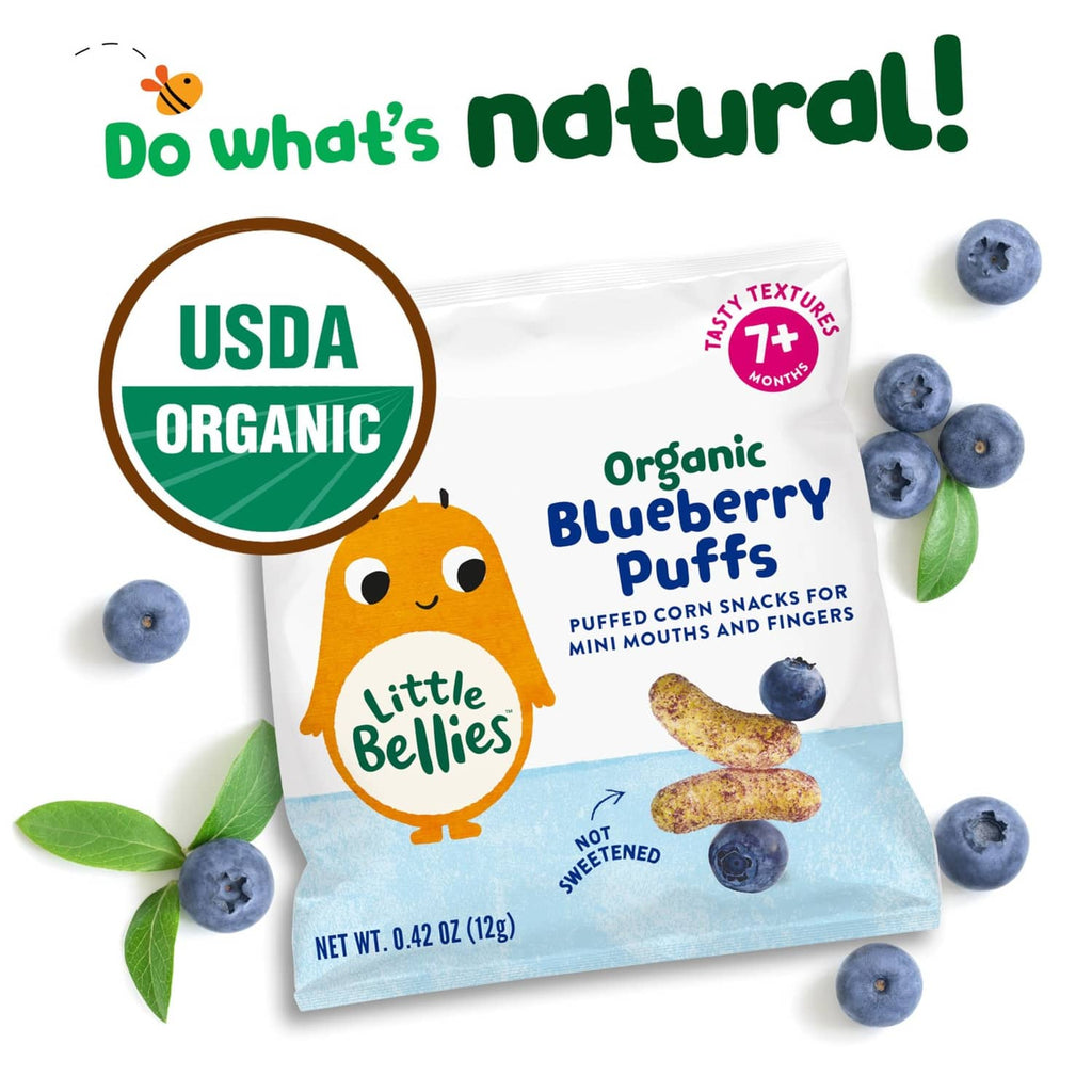 Organic blueberry puffs baby snack pouch with USDA organic seal and blueberries