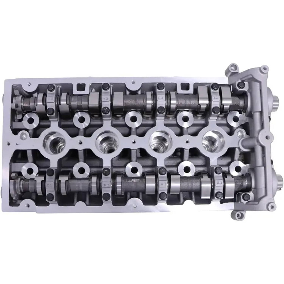 Cylinder head with dual camshaft lobes and rocker components, silver metal finish