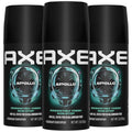 Three black AXE Apollo deodorant body spray cans with teal circular Apollo graphics