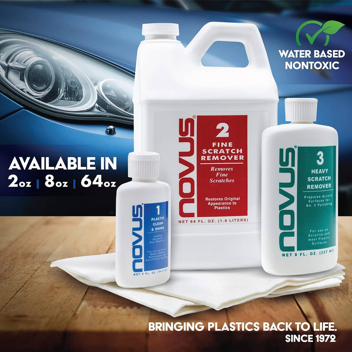 Plastic polish remover bottles on cloth near a car headlight; water-based non-toxic marked