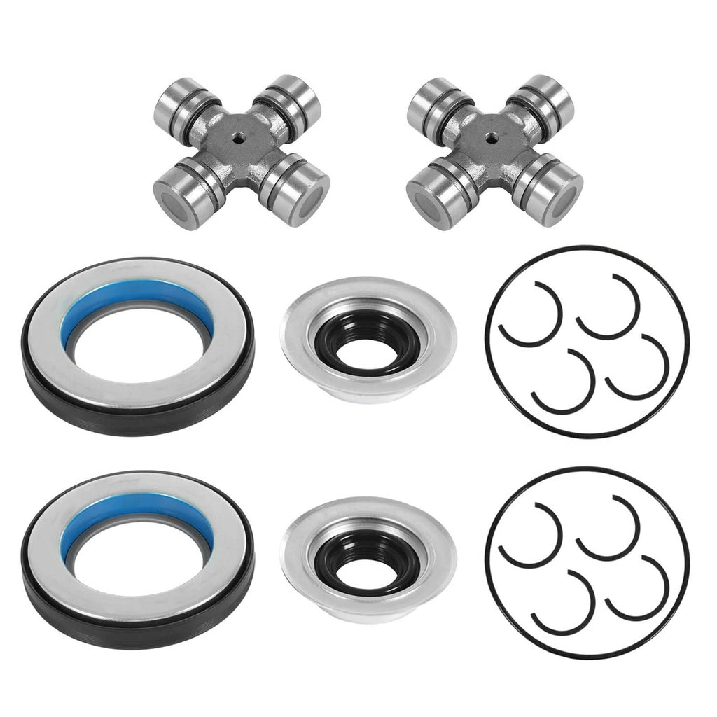 Greaseable U-joint and front axle seal kit with cross joint, seals, and retaining rings