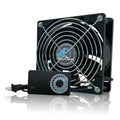 Black 120mm computer axial fan with metal grill and speed controller with power plug