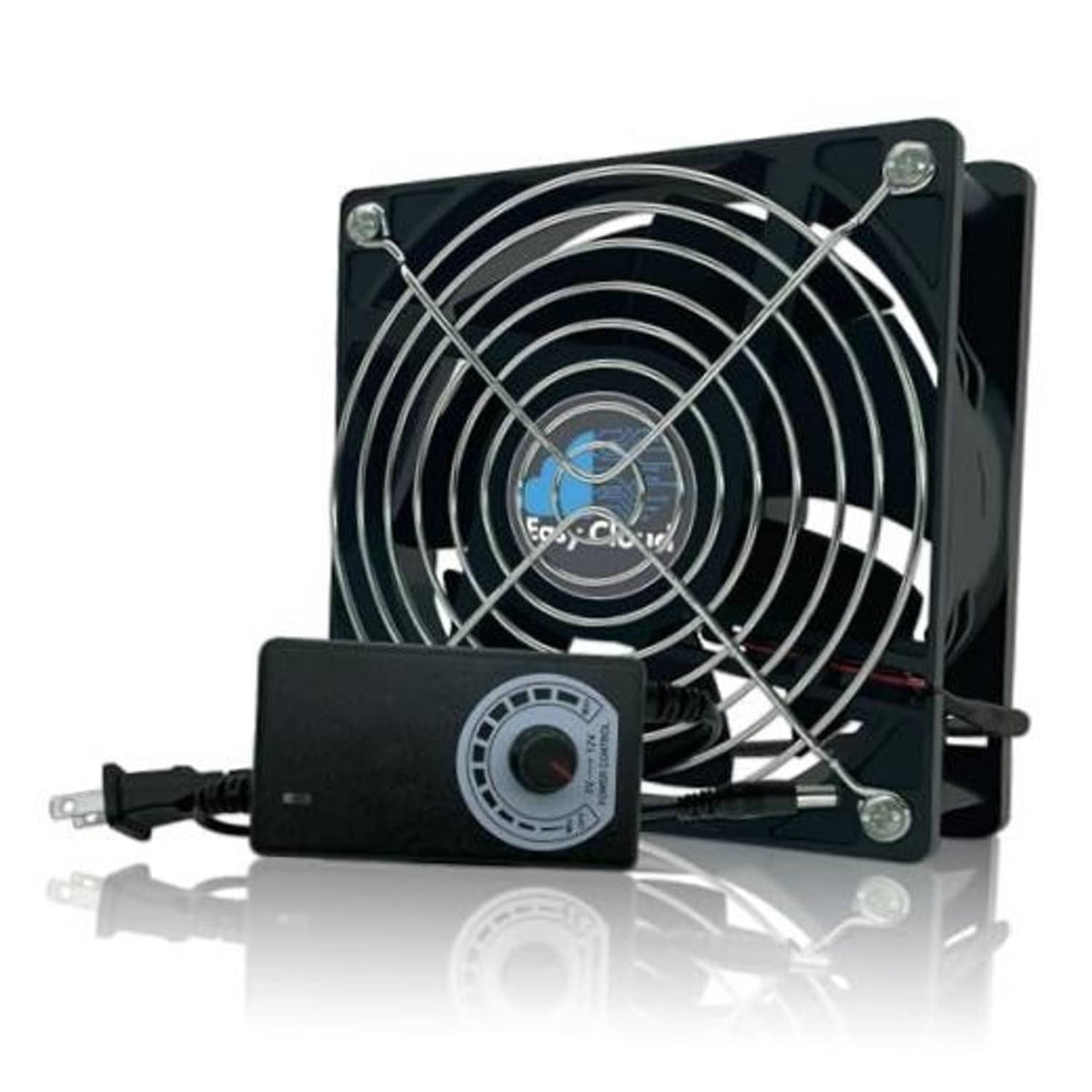 Black 120mm computer axial fan with metal grill and speed controller with power plug