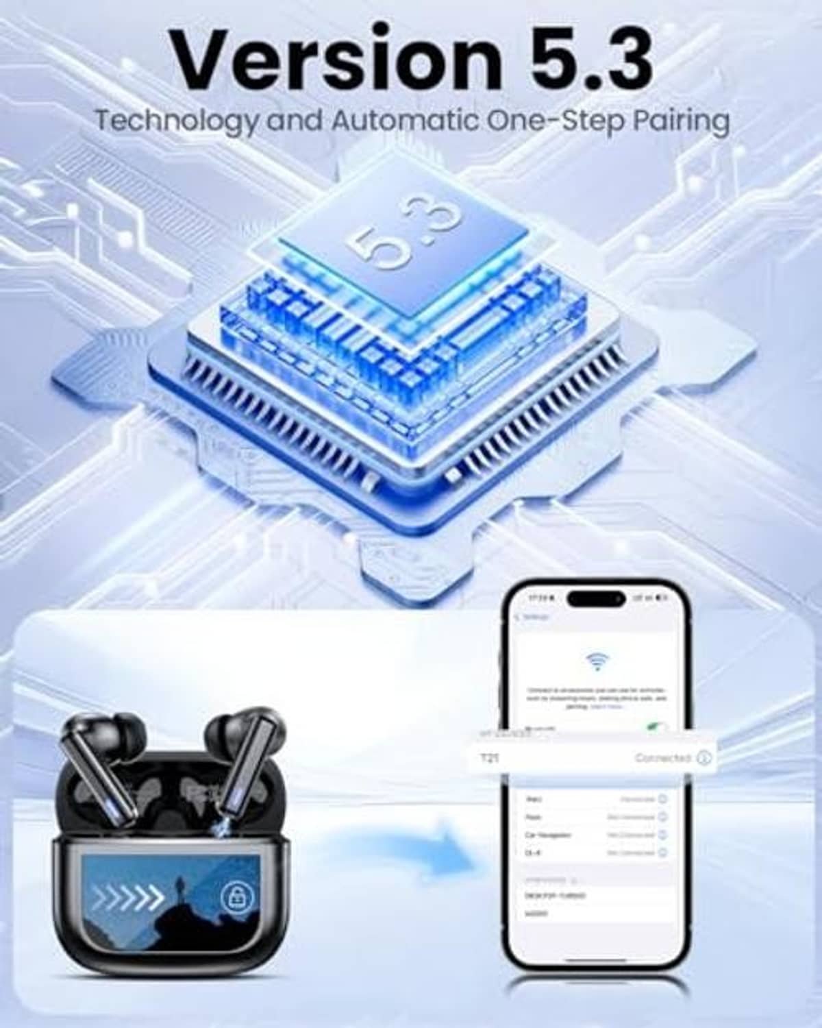 Wireless earbuds with charging case beside one-step pairing smartphone and circuit chip