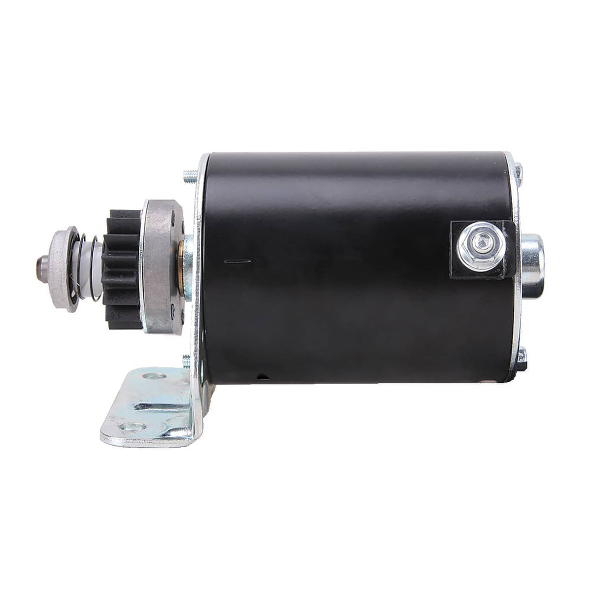 Black starter motor with extended mounting foot and side gear housing