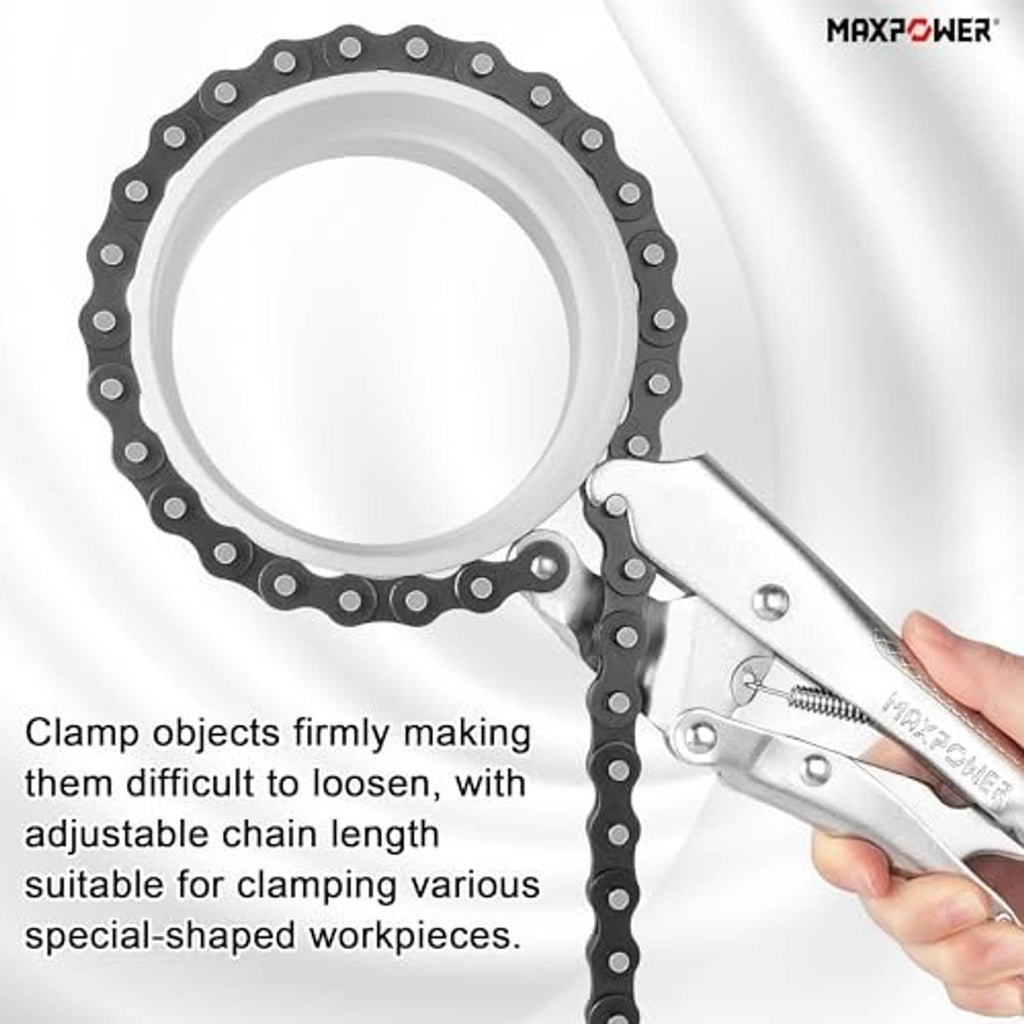 Chain clamp pliers tightening around a circular workpiece with black linked chain