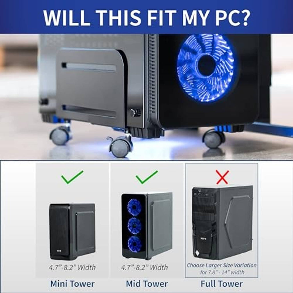 Black desktop PC mid-tower case on wheeled stand with three blue-lit fan circles