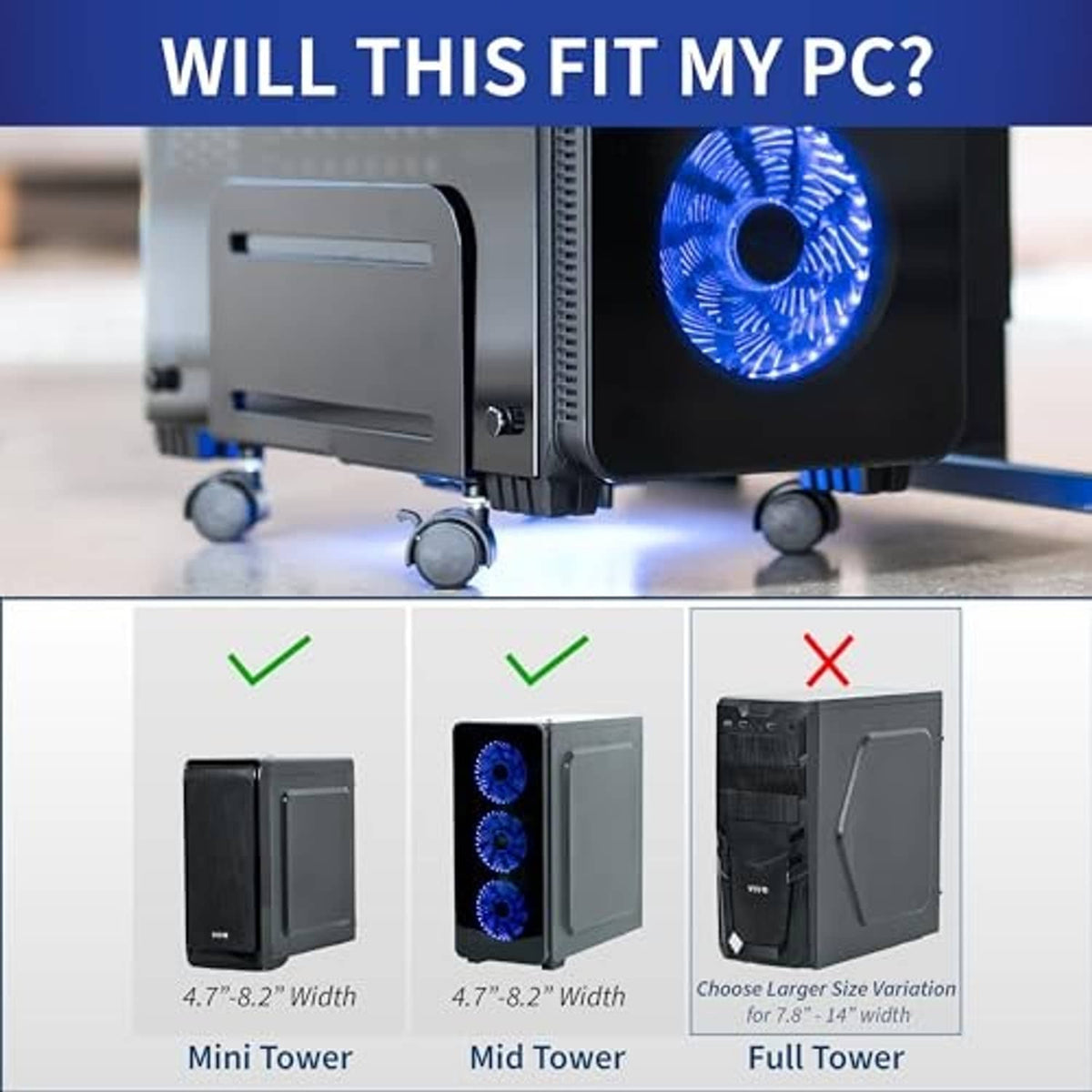 Black desktop PC mid-tower case on wheeled stand with three blue-lit fan circles
