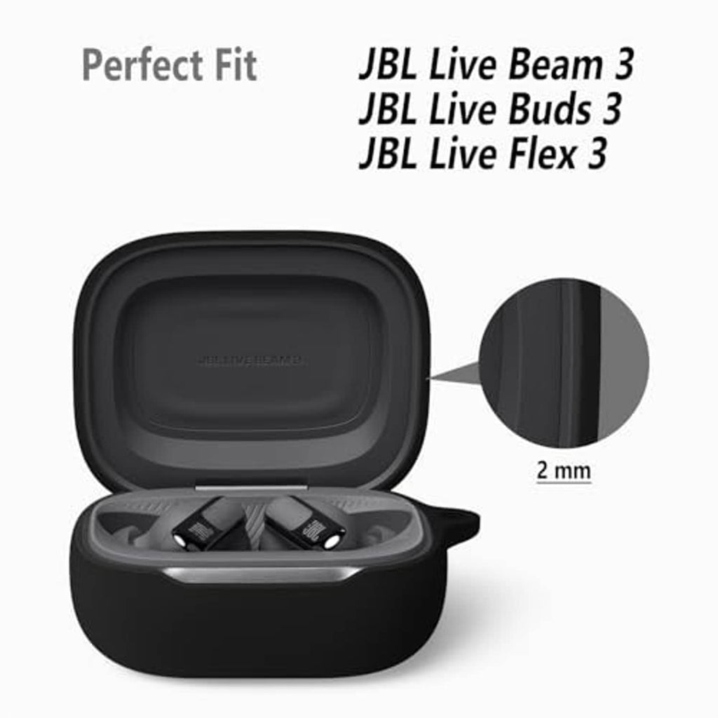 Black open silicone case with hinged lid and small fit insert for JBL Live earbuds.