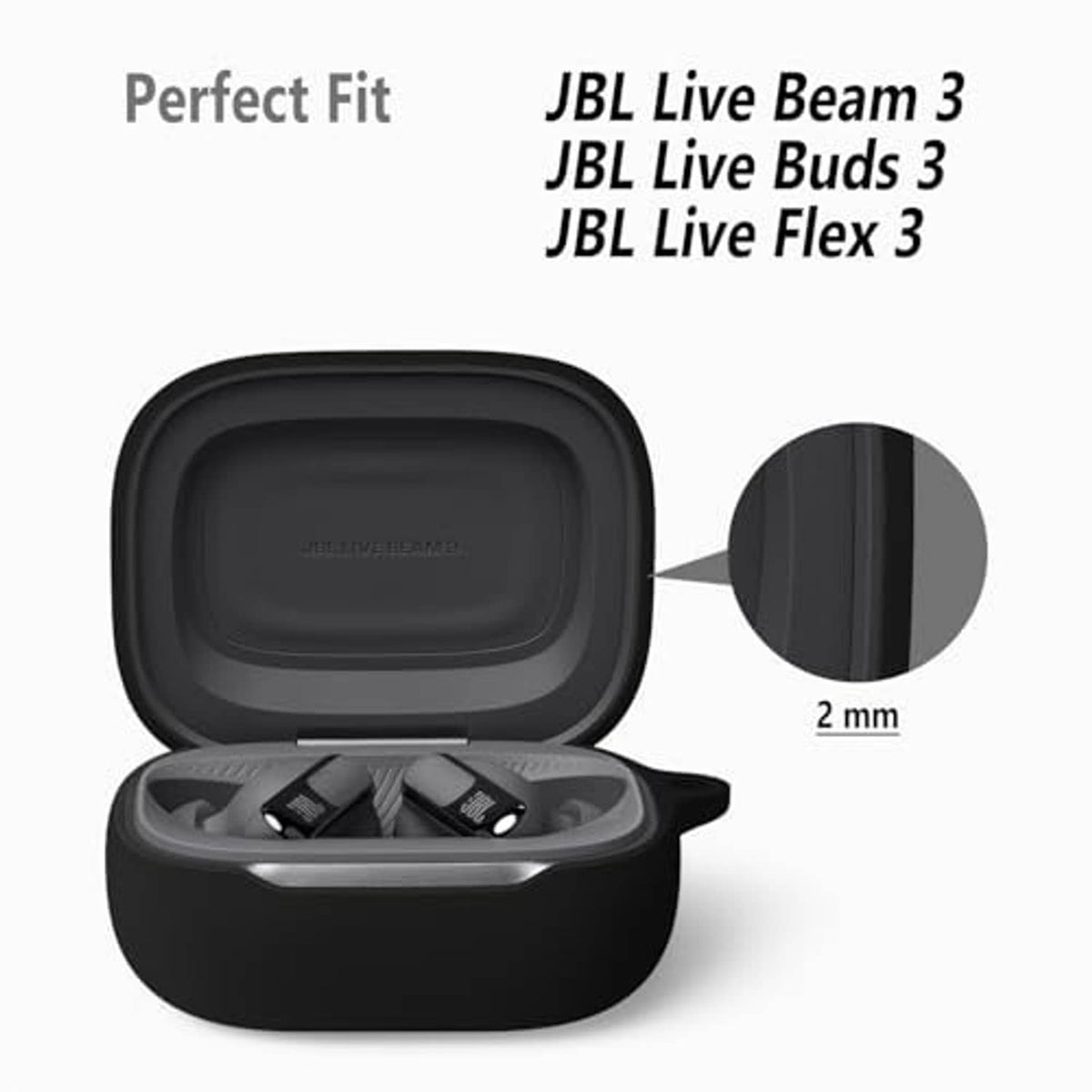 Black open silicone case with hinged lid and small fit insert for JBL Live earbuds.
