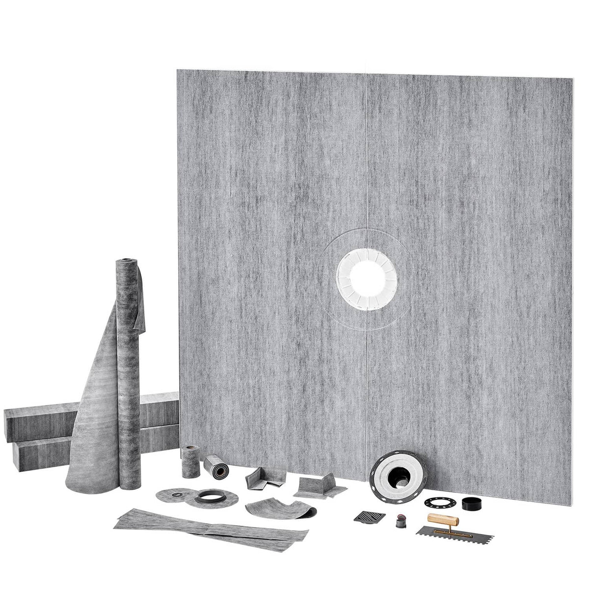 Grey foam board shower curb kit with central drain ring and sealing parts