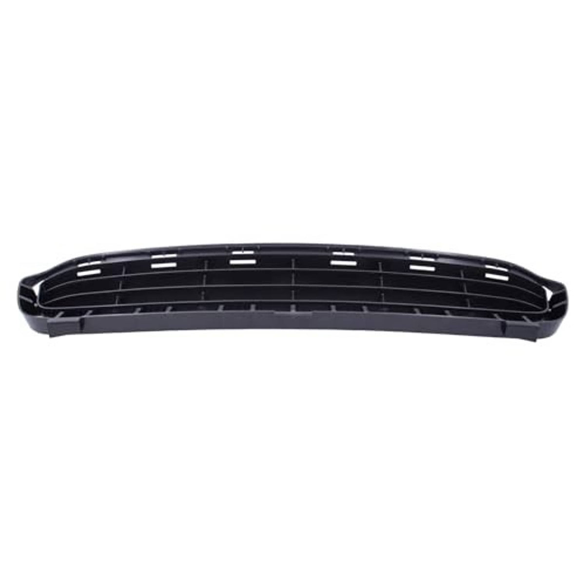 Front grille insert, black plastic with horizontal slat openings and curved frame