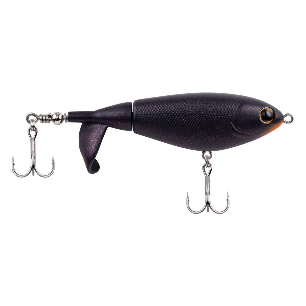 Dark purple topwater fishing lure with cupped propeller tail and front treble hooks