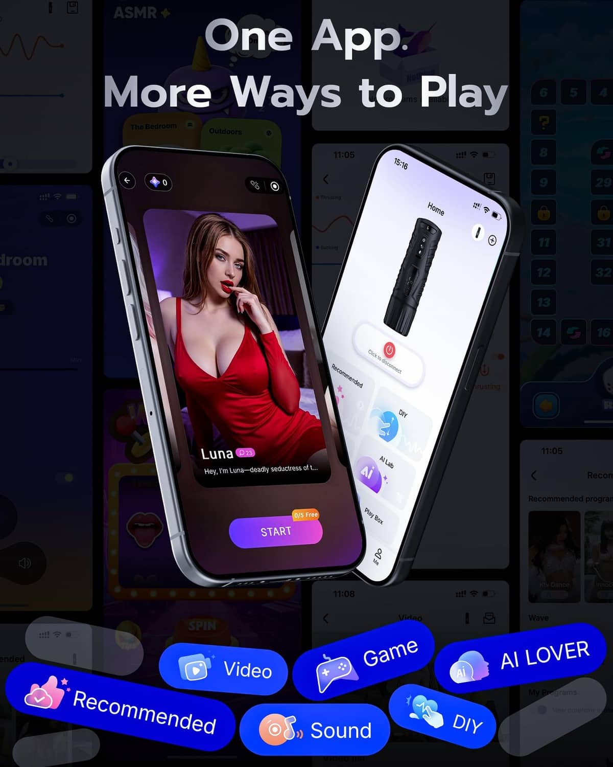Smartphone app screens controlling a black automatic male masturbator, two phones shown
