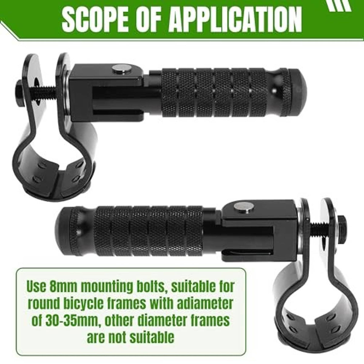 Black folding motorcycle footrest set with U-mount clamps and screw hardware