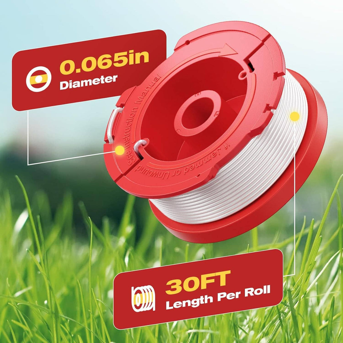 Red weed wacker spool with white trimmer line coil, labeled 0.065 in diameter