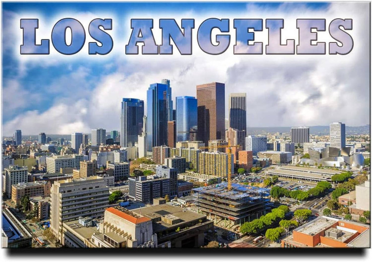 Los Angeles travel souvenir fridge magnet showing downtown skyline and “LOS ANGELES” text