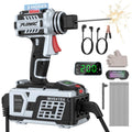 Gray handheld portable welding machine with LCD display, power switch, and side grip
