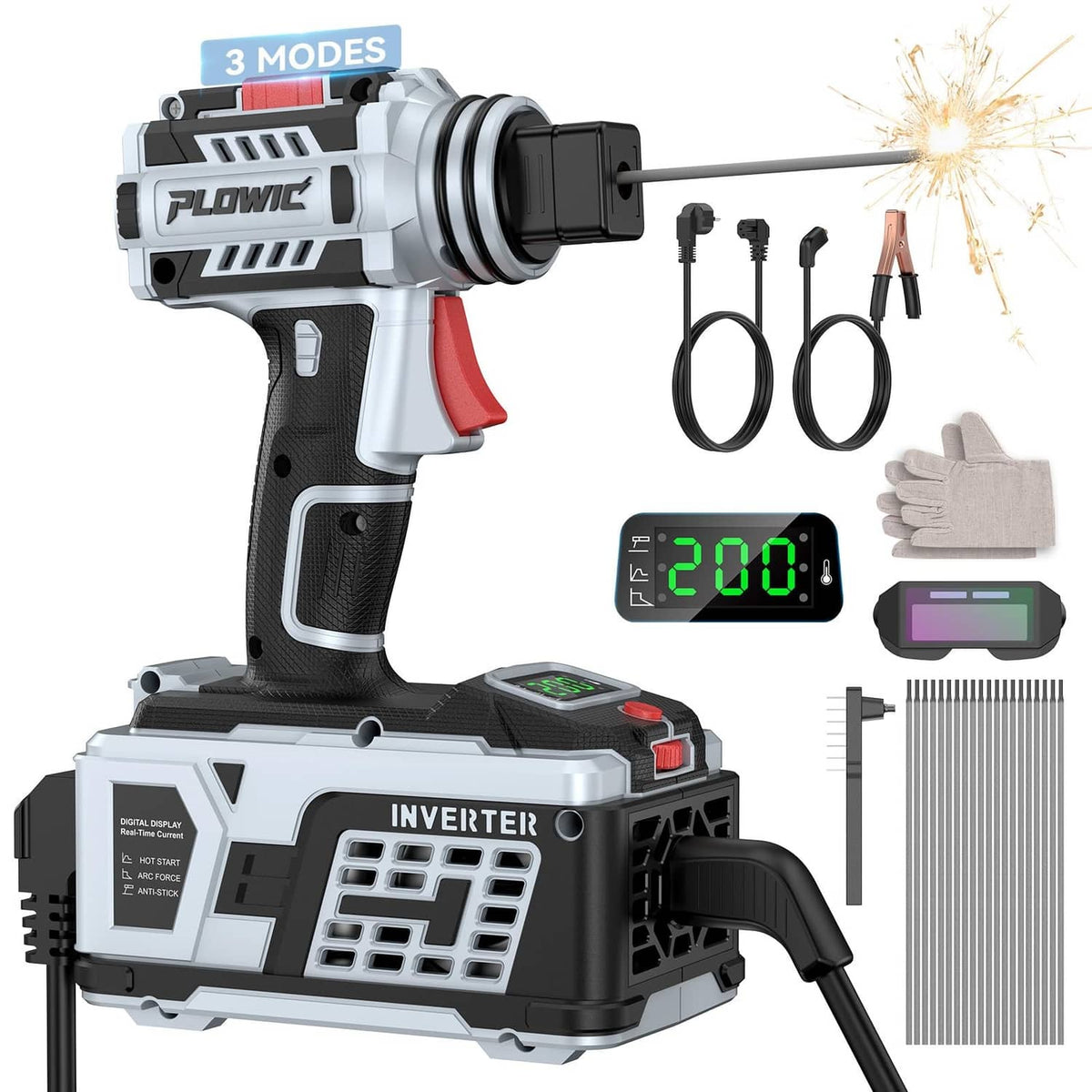 Gray handheld portable welding machine with LCD display, power switch, and side grip