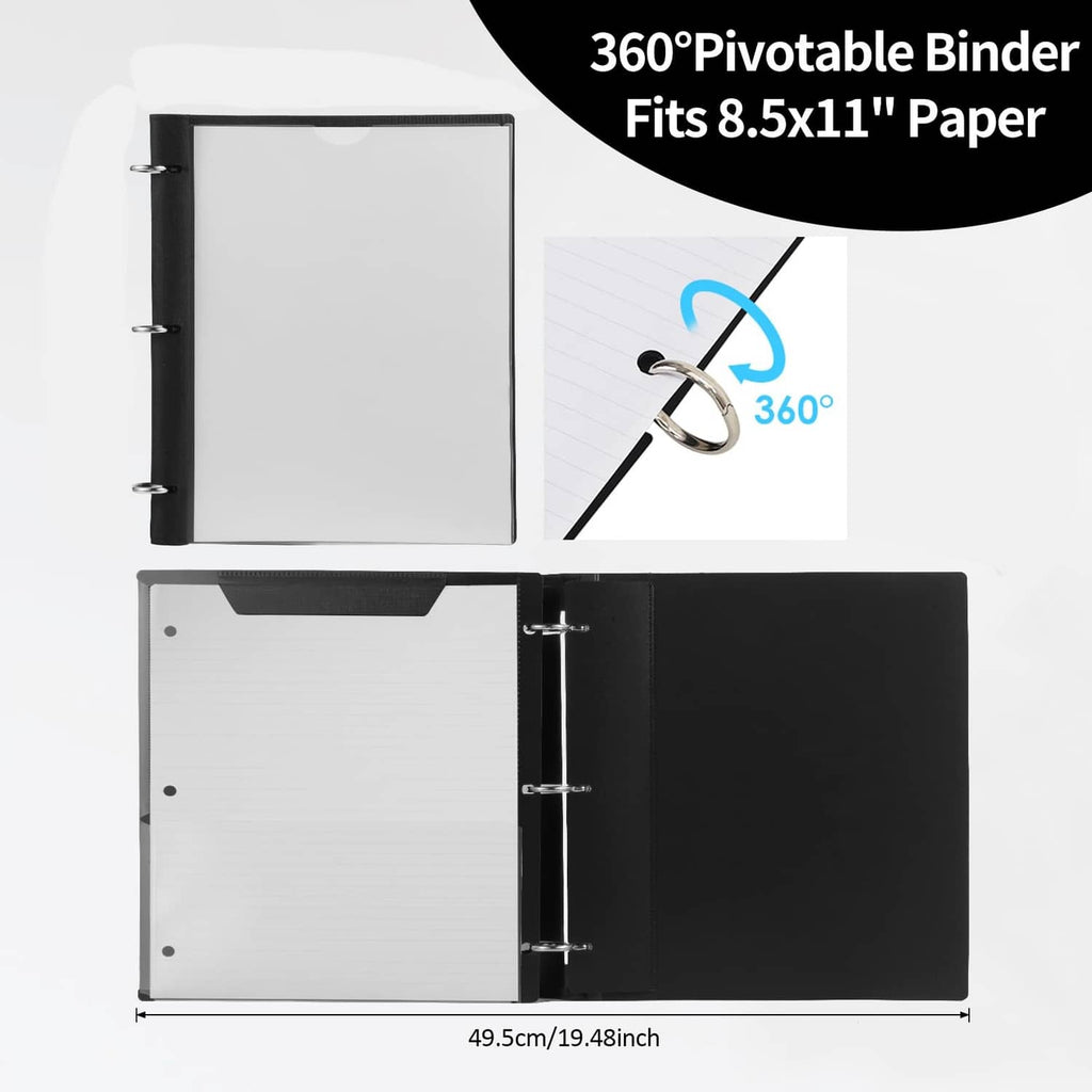 Opened 360° pivotable binder with white pages and black cover, 1-inch rings