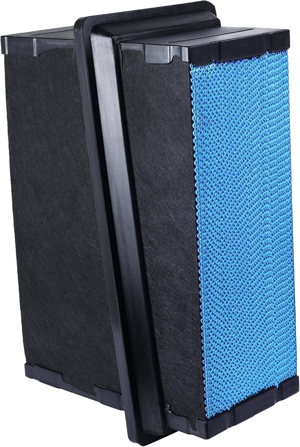 Engine air filter with blue pleated media and black rectangular housing, side view