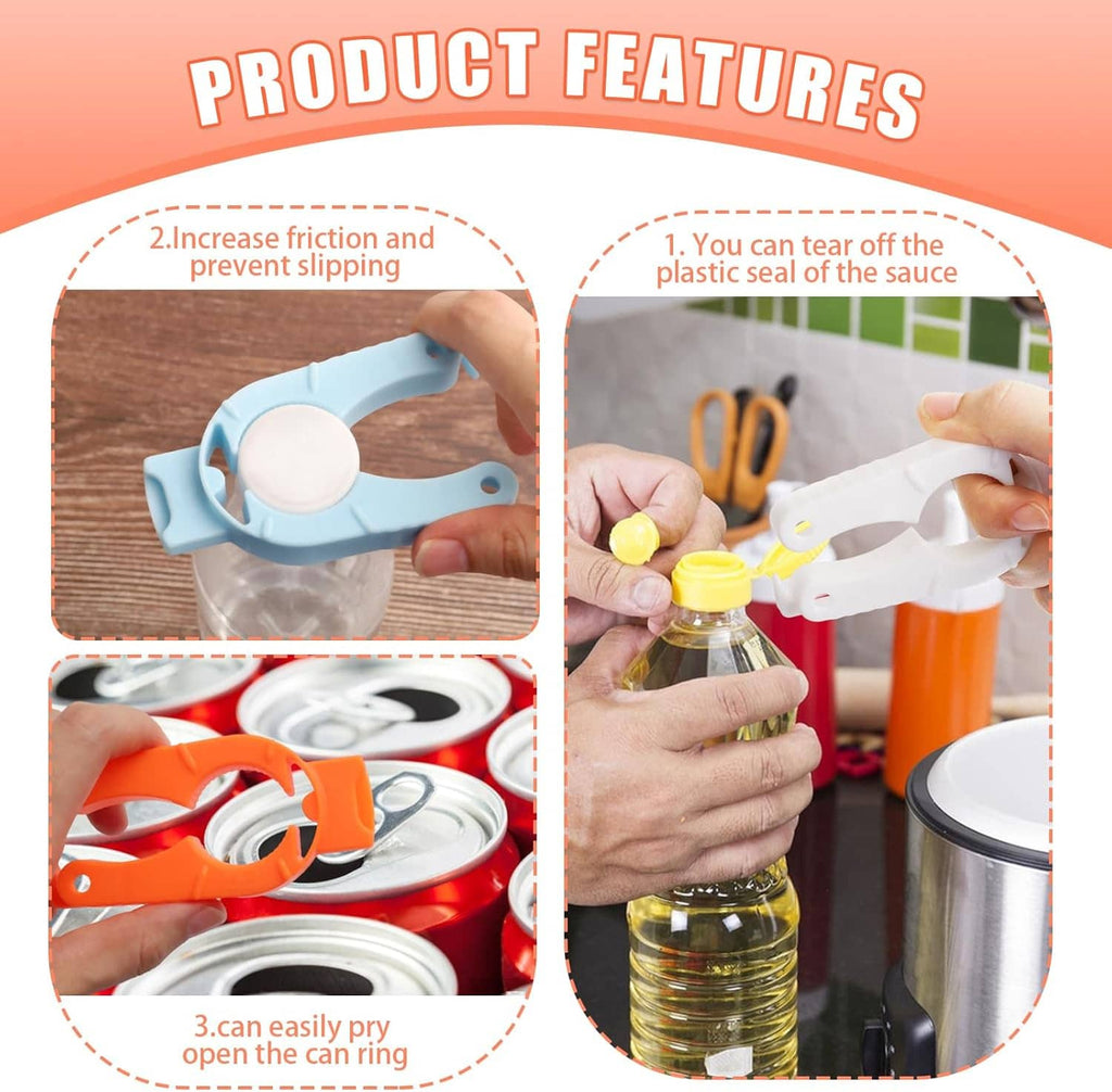 Plastic bottle cap opener gripper set, shown prying can rings and opening bottle caps