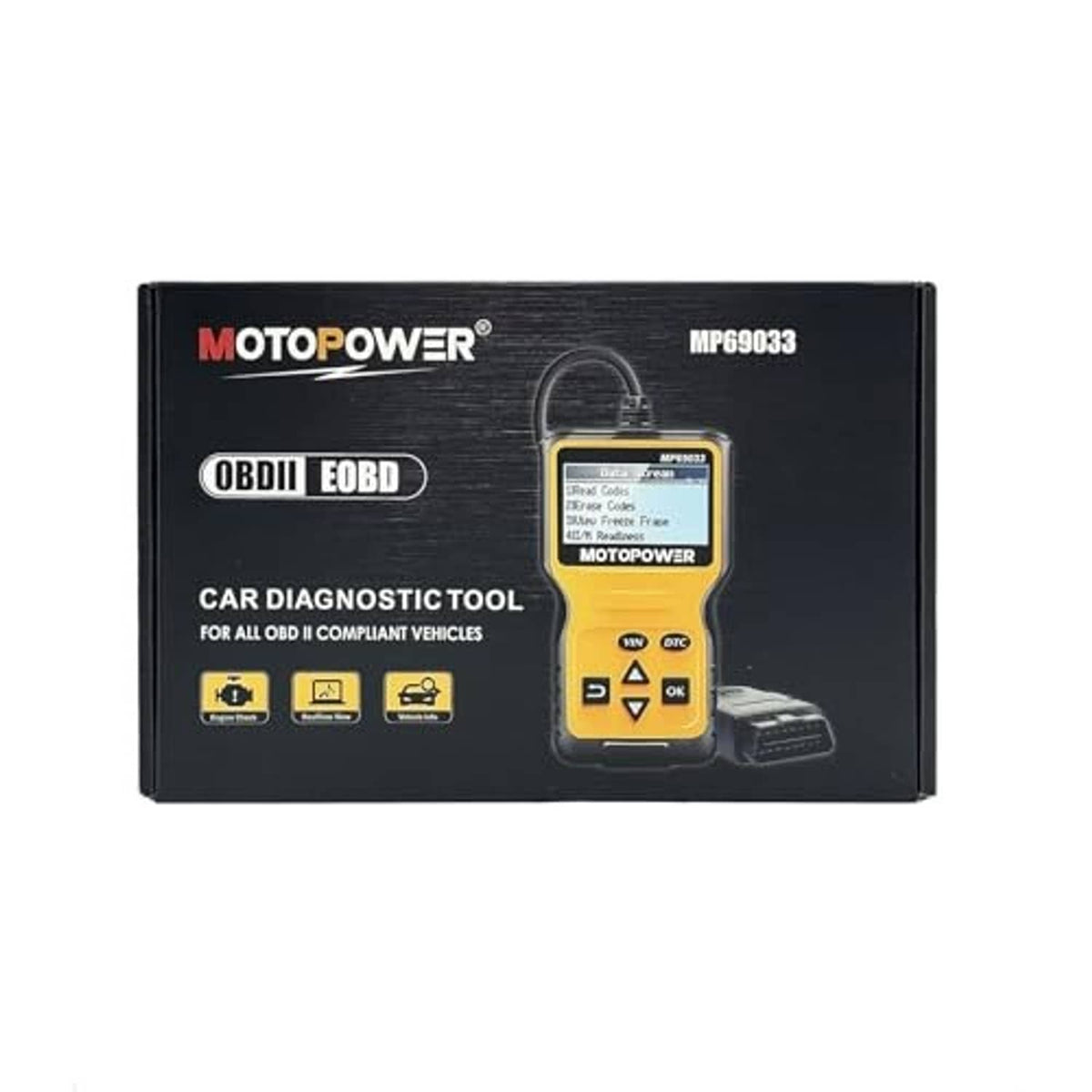 Car diagnostic tool OBDII/EOBD scanner retail box with yellow handheld device pictured