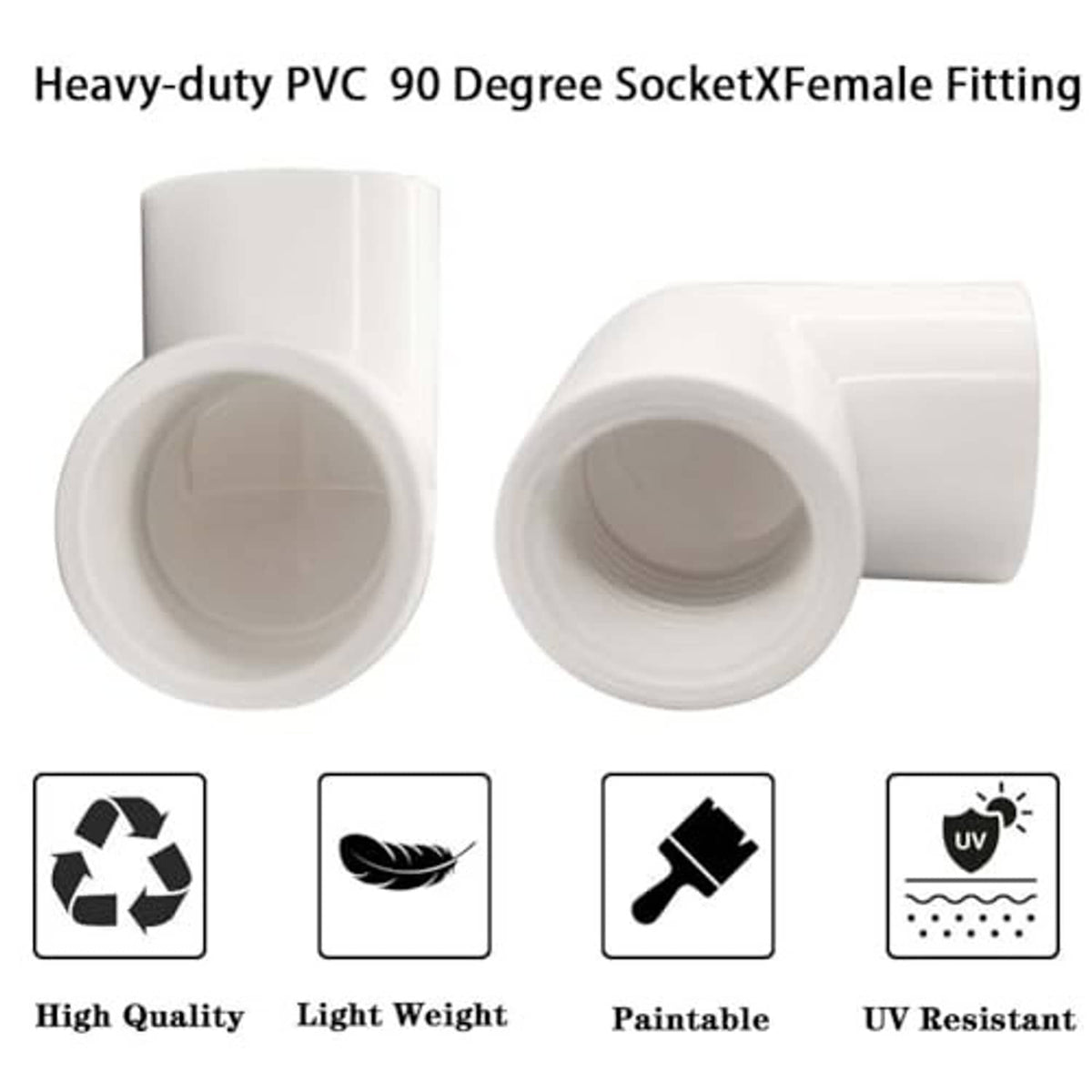 Heavy-duty white PVC 90° socket fitting with female-threaded end