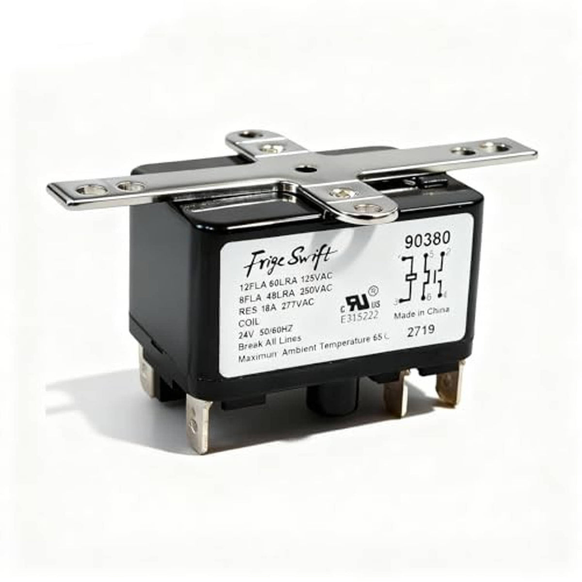 Fan relay switch with black housing, top metal tabs, and screw terminal contacts