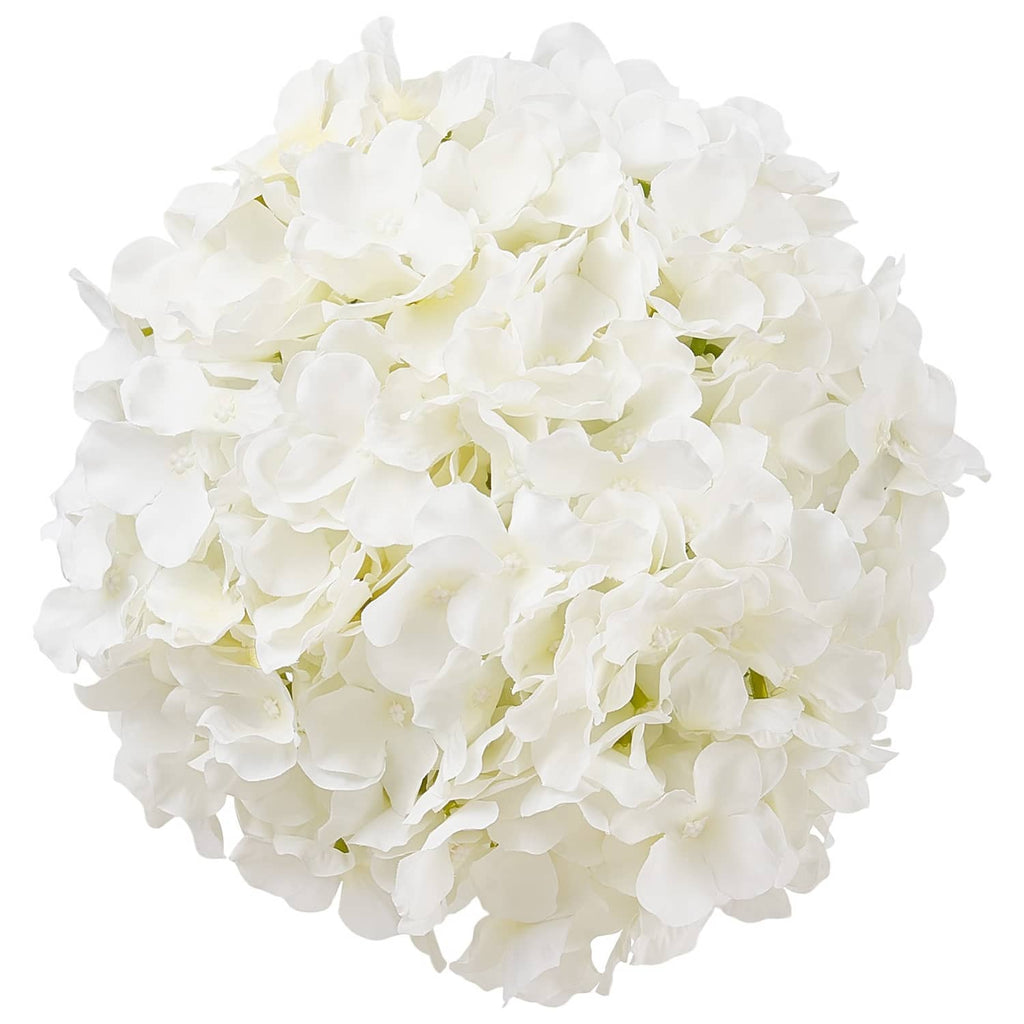 White artificial hydrangea bouquet with dense round clusters of silk petals
