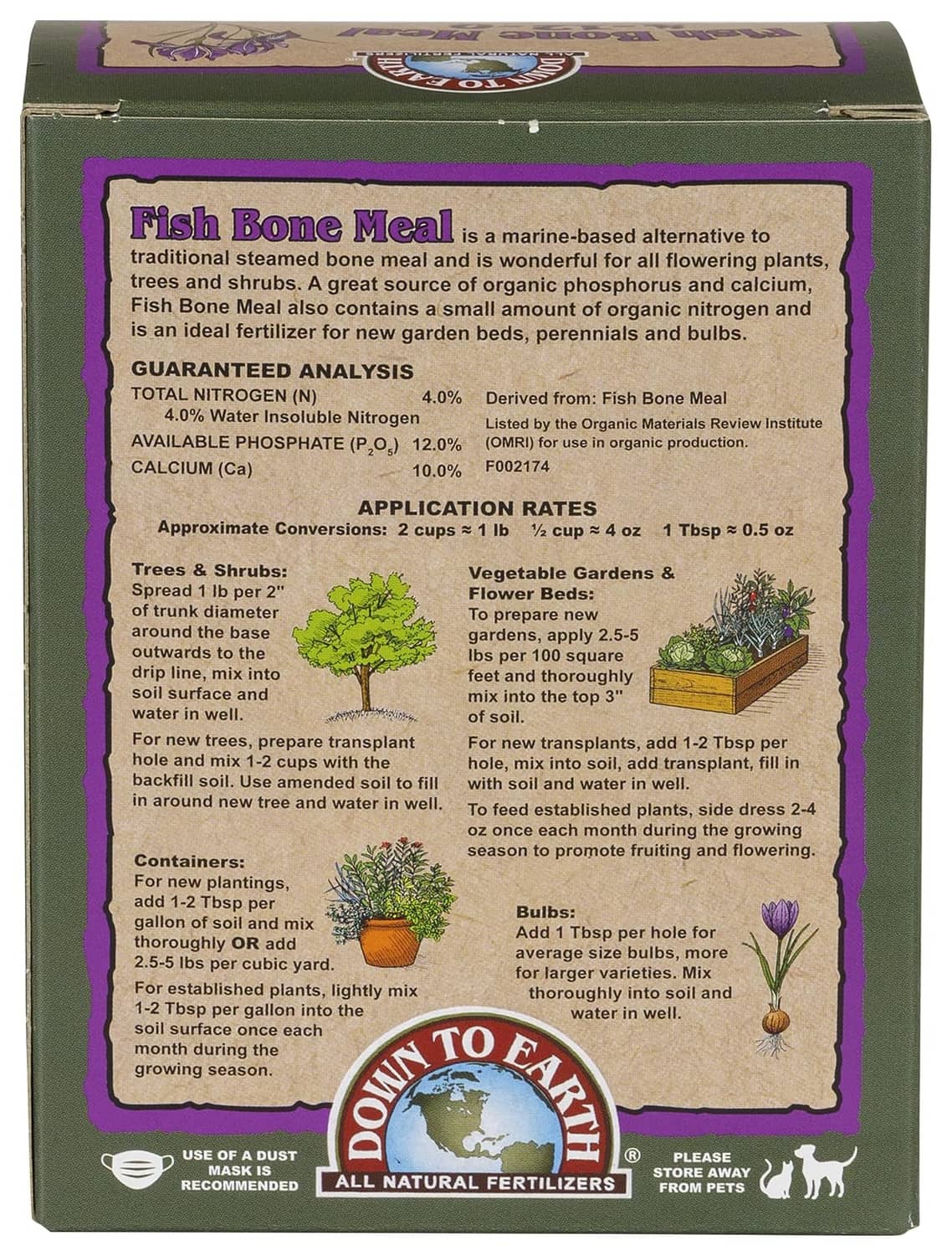 Back of fish bone meal fertilizer box showing application directions and rates