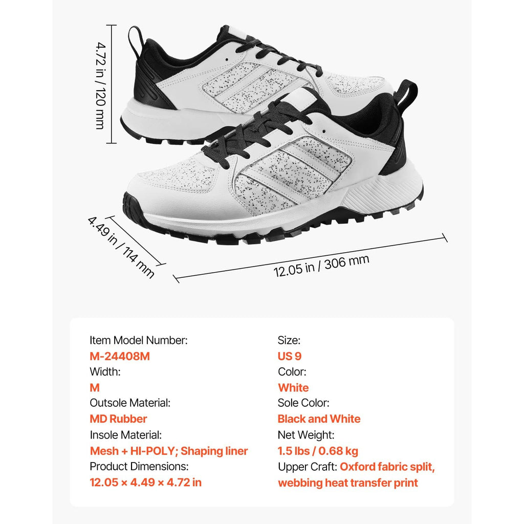 White cross-training sneakers with black laces, front view, with size and width details