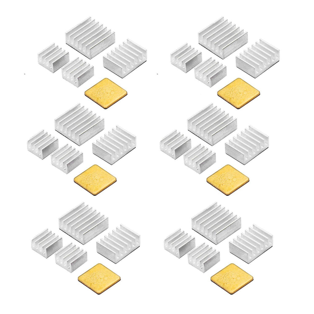 Set of aluminum fin heatsinks with yellow thermal pads for Raspberry Pi 4