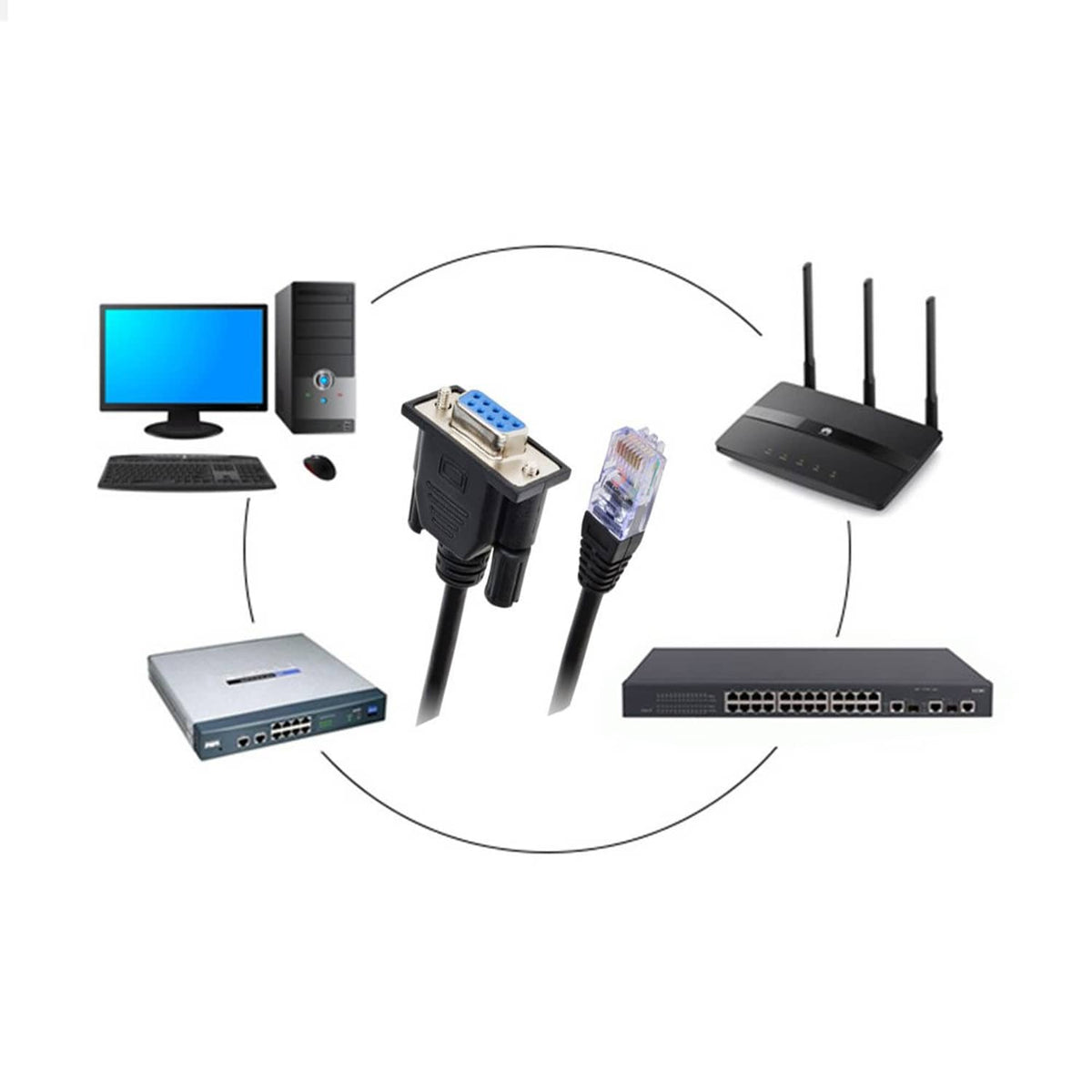 RJ45 to DB9 serial console adapter cable with two connectors and black jacket