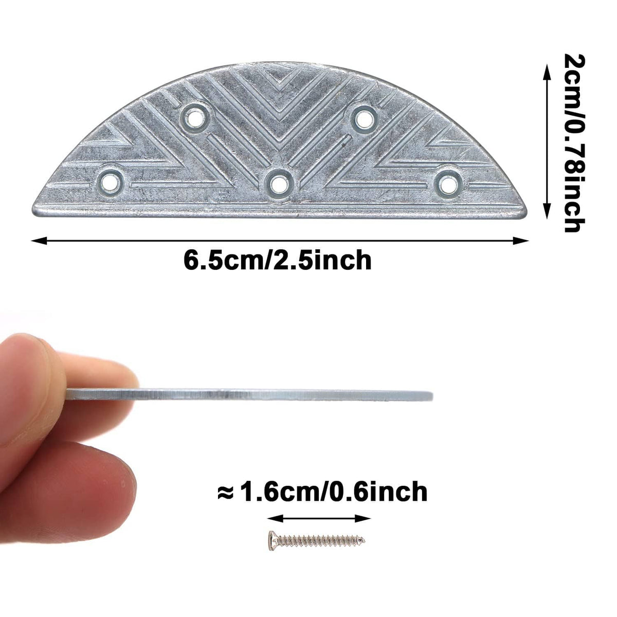 Metal heel plate and screw with size indicators (2cm, 6.5cm)