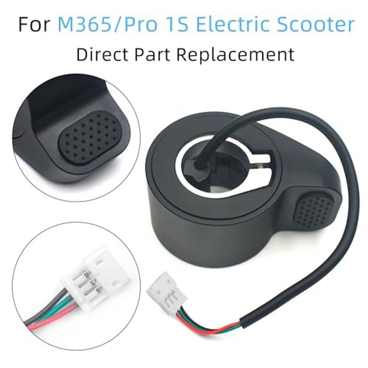 Electric scooter thumb throttle replacement with ribbed grip pad and wiring plug