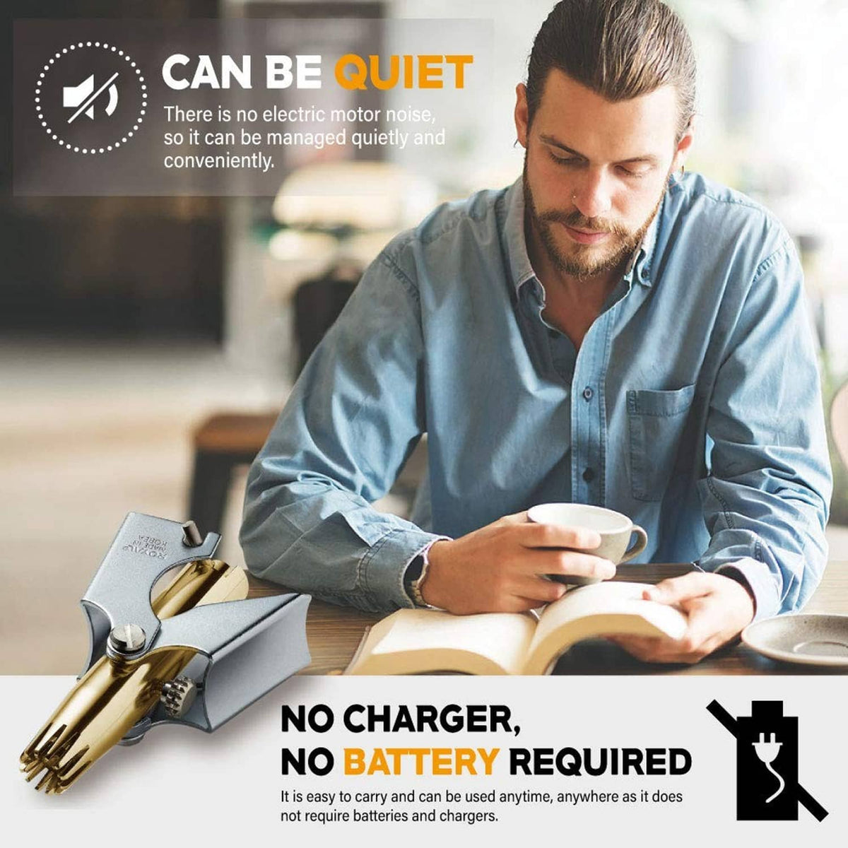Cordless gold-and-silver nose hair trimmer with low-noise design