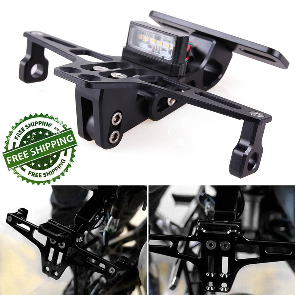 Black motorcycle license plate bracket with clear LED light housing