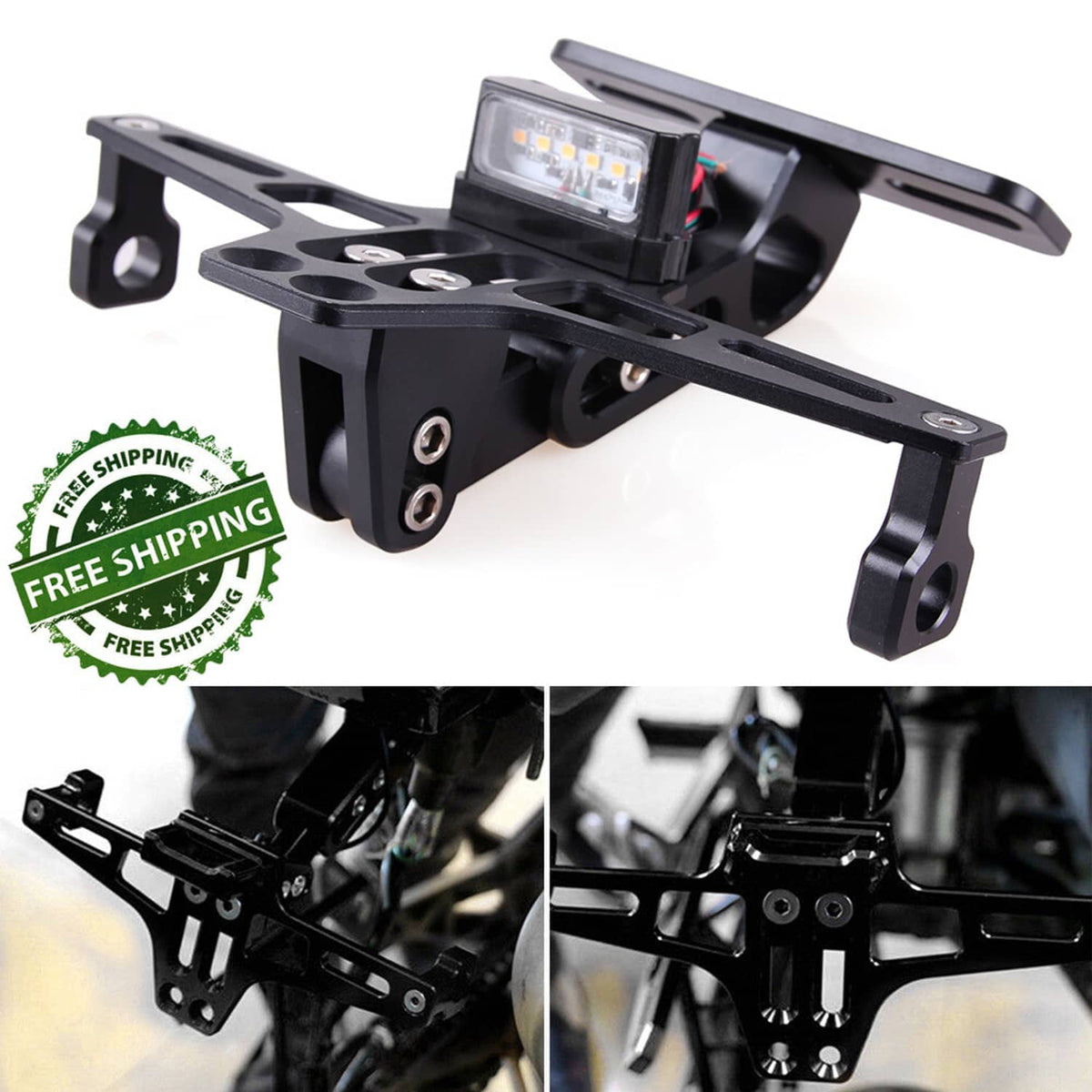 Black motorcycle license plate bracket with clear LED light housing