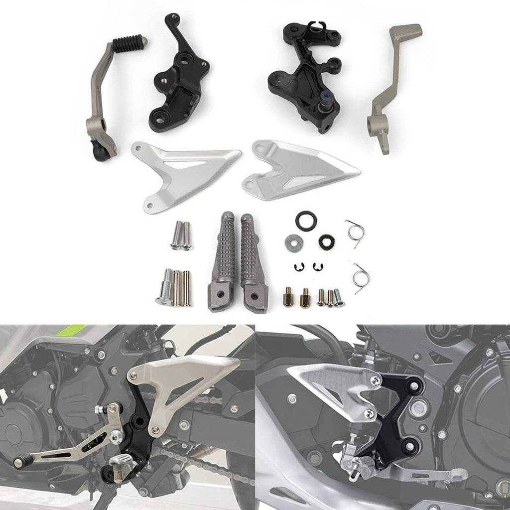 Motorcycle driver foot peg bracket kit with silver pegs, black mounts, and hardware set