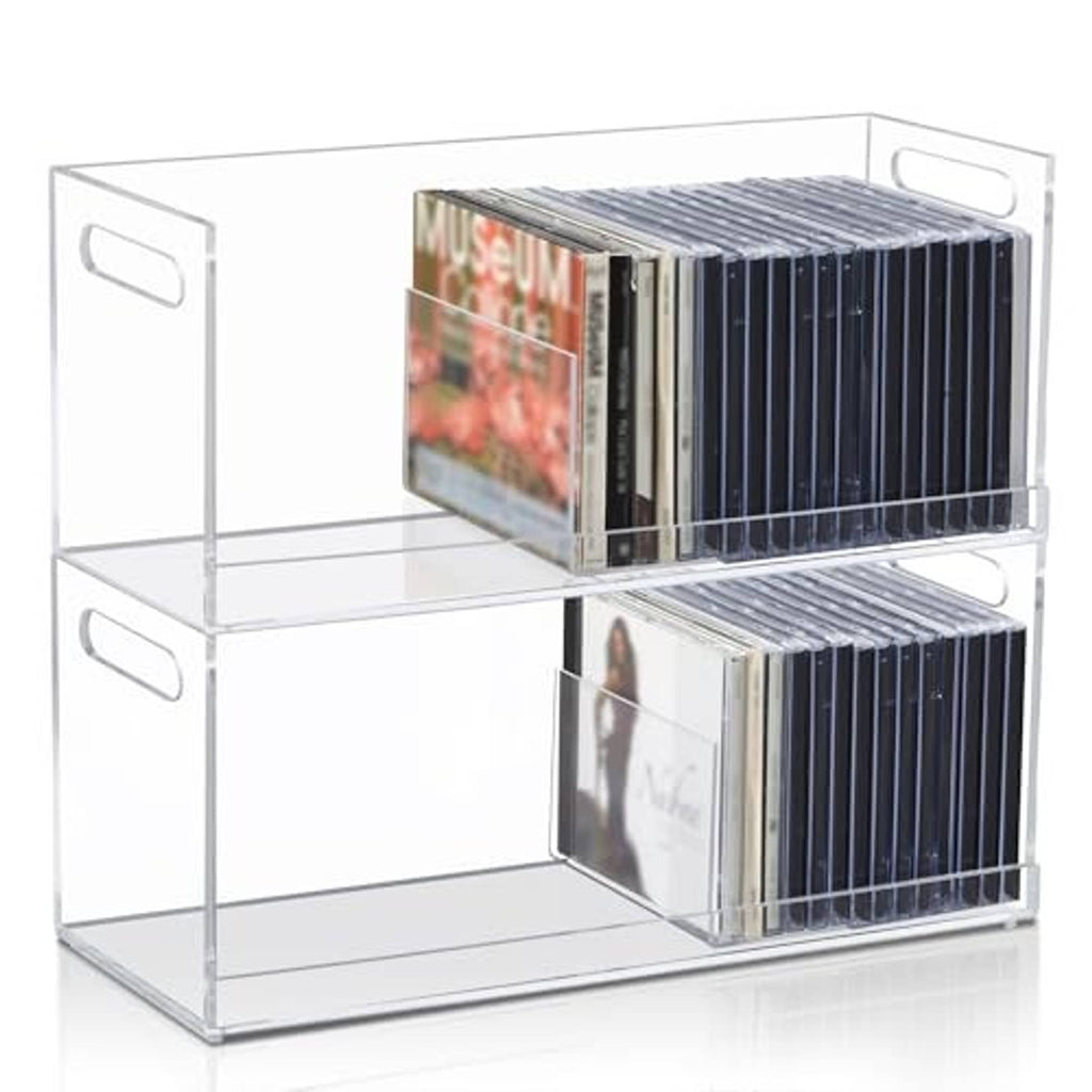 Clear acrylic CD storage box rack with two stacked levels and cut-out carry handles